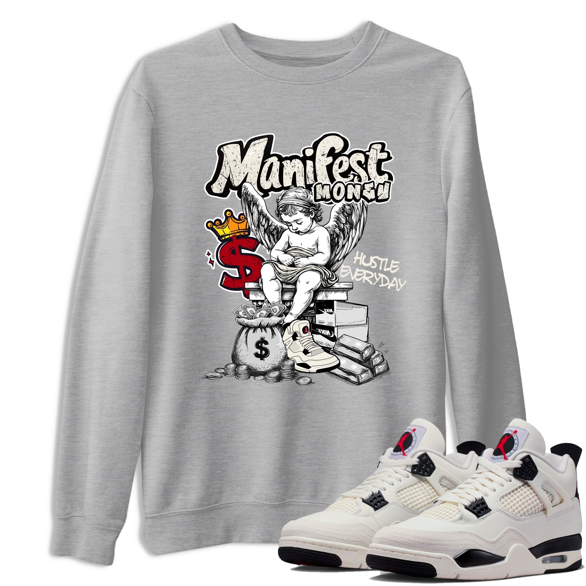 Sneaker match tees – Sneaker Tees To Match Air Jordan 4 Flight Club Shoes – Manifest Money Tee Heather Grey 1
