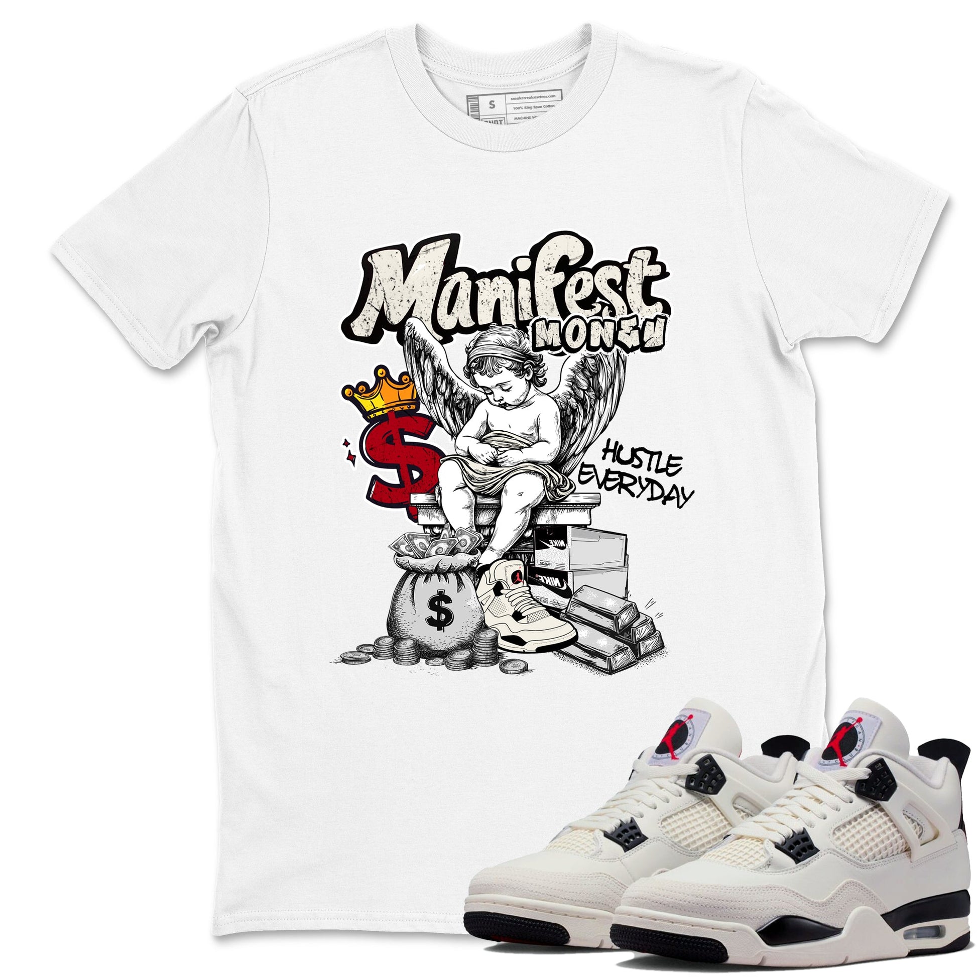 Sneaker match tees – Sneaker Tees To Match Air Jordan 4 Flight Club Shoes – Manifest Money Tee White 1
