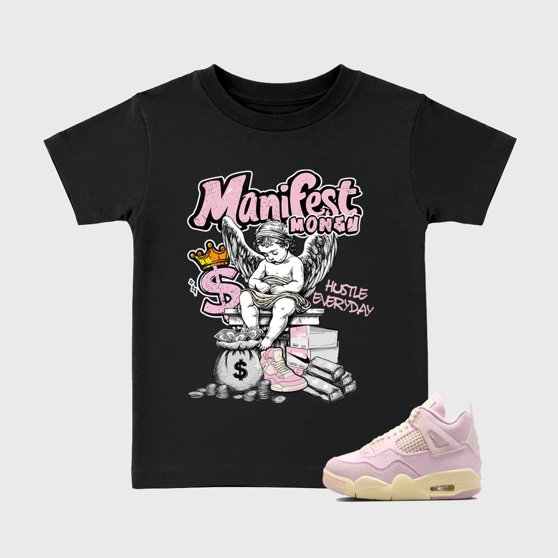 Sneaker match tees – Sneaker Tees To Match Air Jordan 4 Iced Carmine Shoes – Manifest Money Kids T-Shirt Black 1