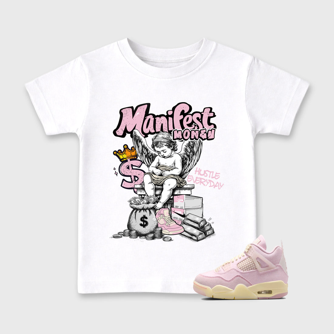 Sneaker match tees – Sneaker Tees To Match Air Jordan 4 Iced Carmine Shoes – Manifest Money Kids T-Shirt White 1