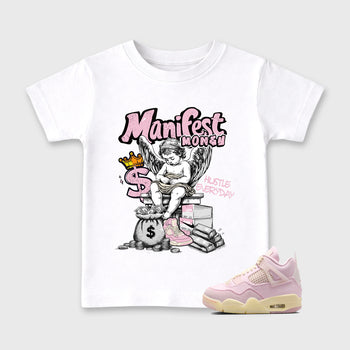Sneaker match tees – Sneaker Tees To Match Air Jordan 4 Iced Carmine Shoes – Manifest Money Kids T-Shirt White 1