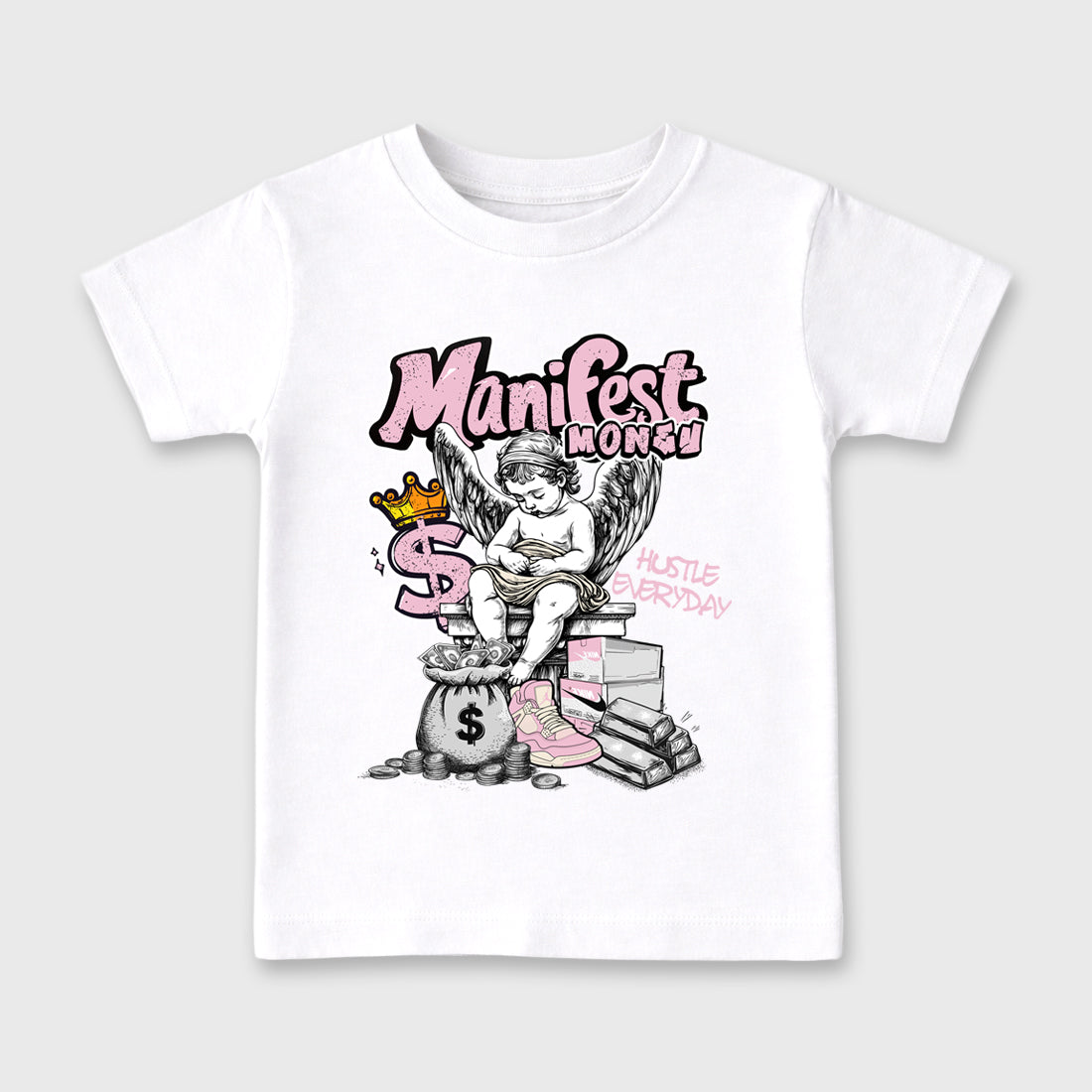 Sneaker match tees – Sneaker Tees To Match Air Jordan 4 Iced Carmine Shoes – Manifest Money Kids T-Shirt White 2