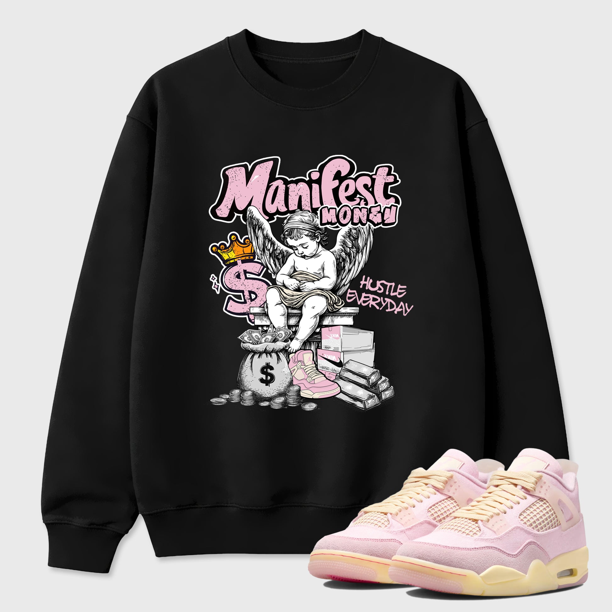 Sneaker match tees – Sneaker Tees To Match Air Jordan 4 Iced Carmine Shoes – Manifest Money Tee Black 1