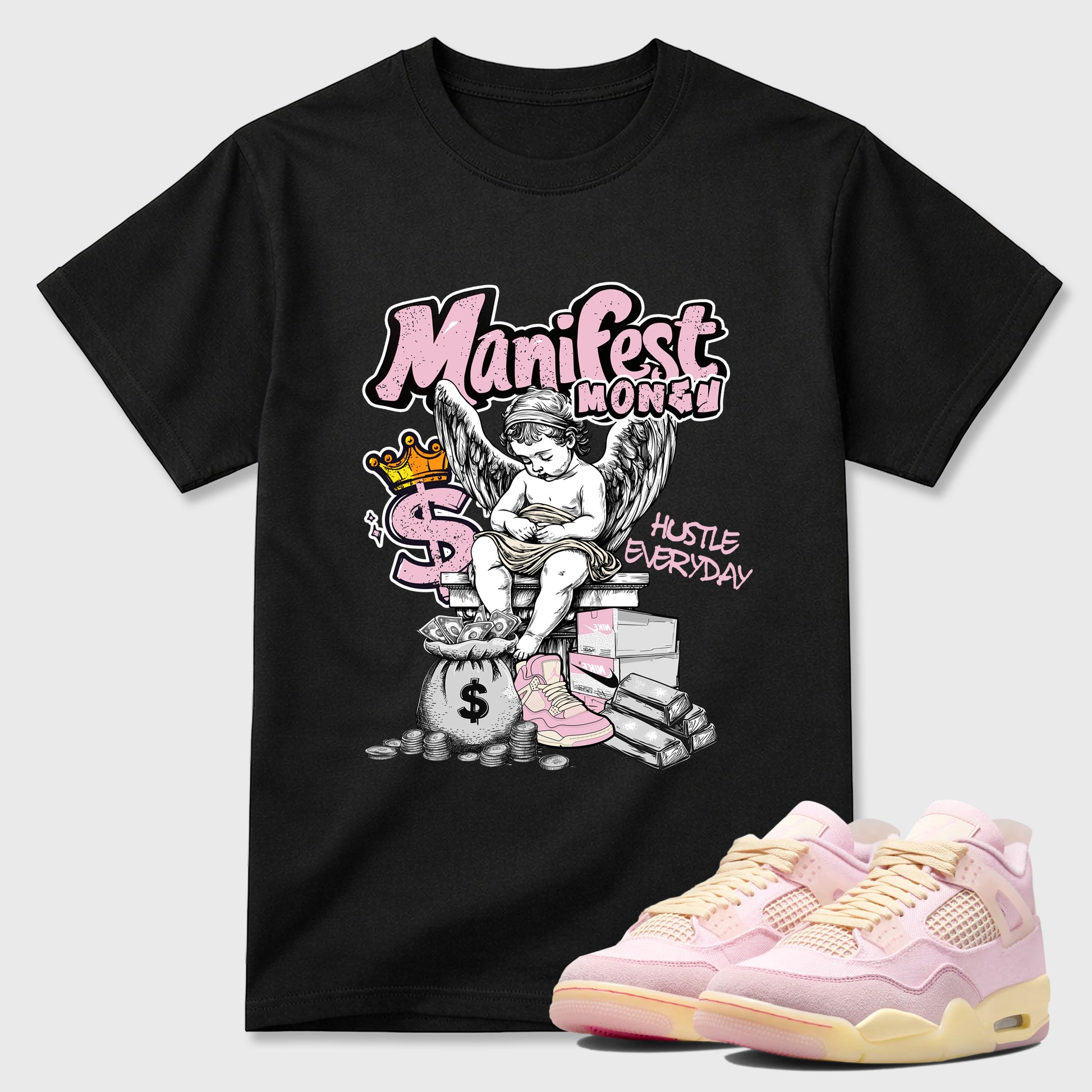 Sneaker match tees – Sneaker Tees To Match Air Jordan 4 Iced Carmine Shoes – Manifest Money Tee Black 1