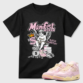 Sneaker match tees – Sneaker Tees To Match Air Jordan 4 Iced Carmine Shoes – Manifest Money Tee Black 1