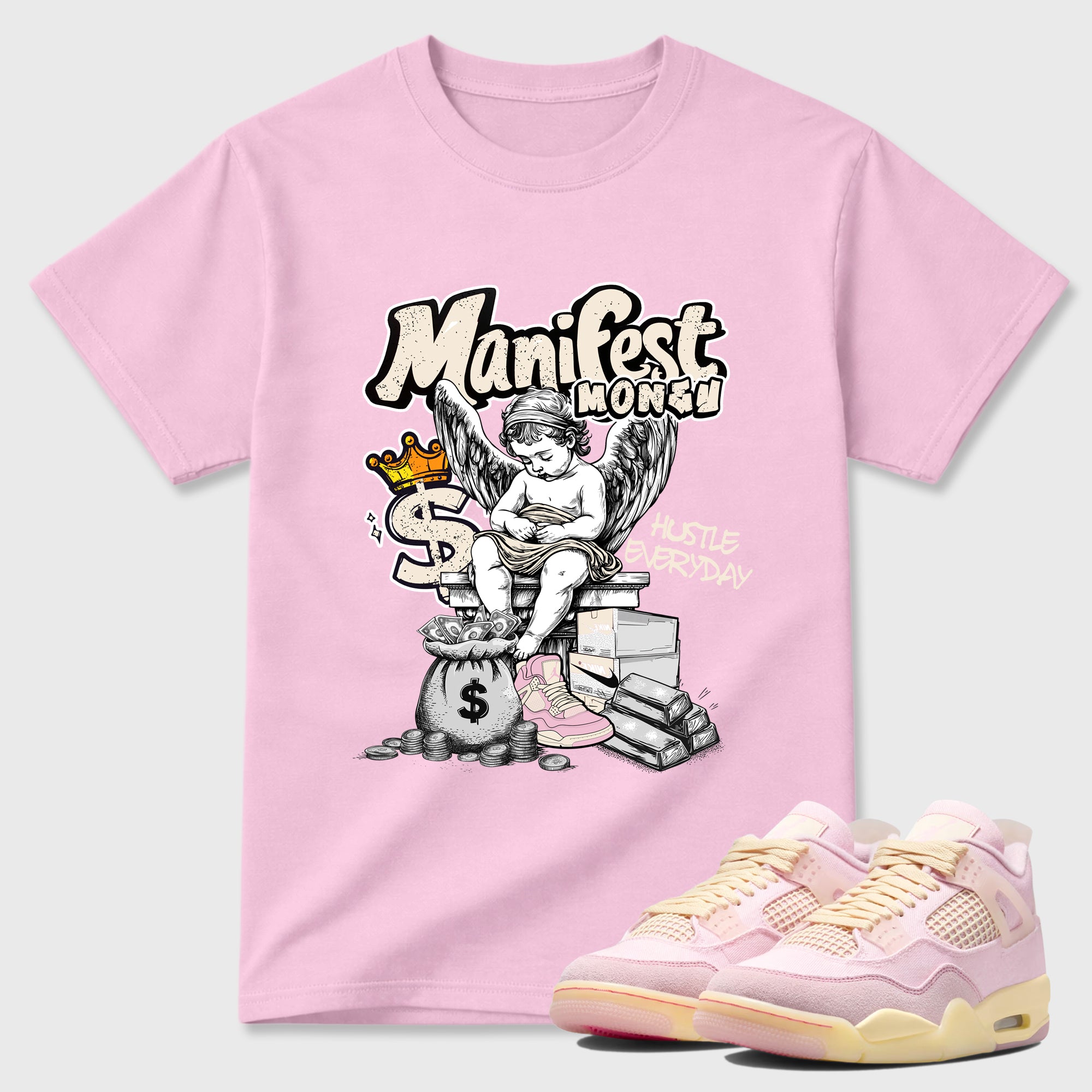 Sneaker match tees – Sneaker Tees To Match Air Jordan 4 Iced Carmine Shoes – Manifest Money Tee Pink 1
