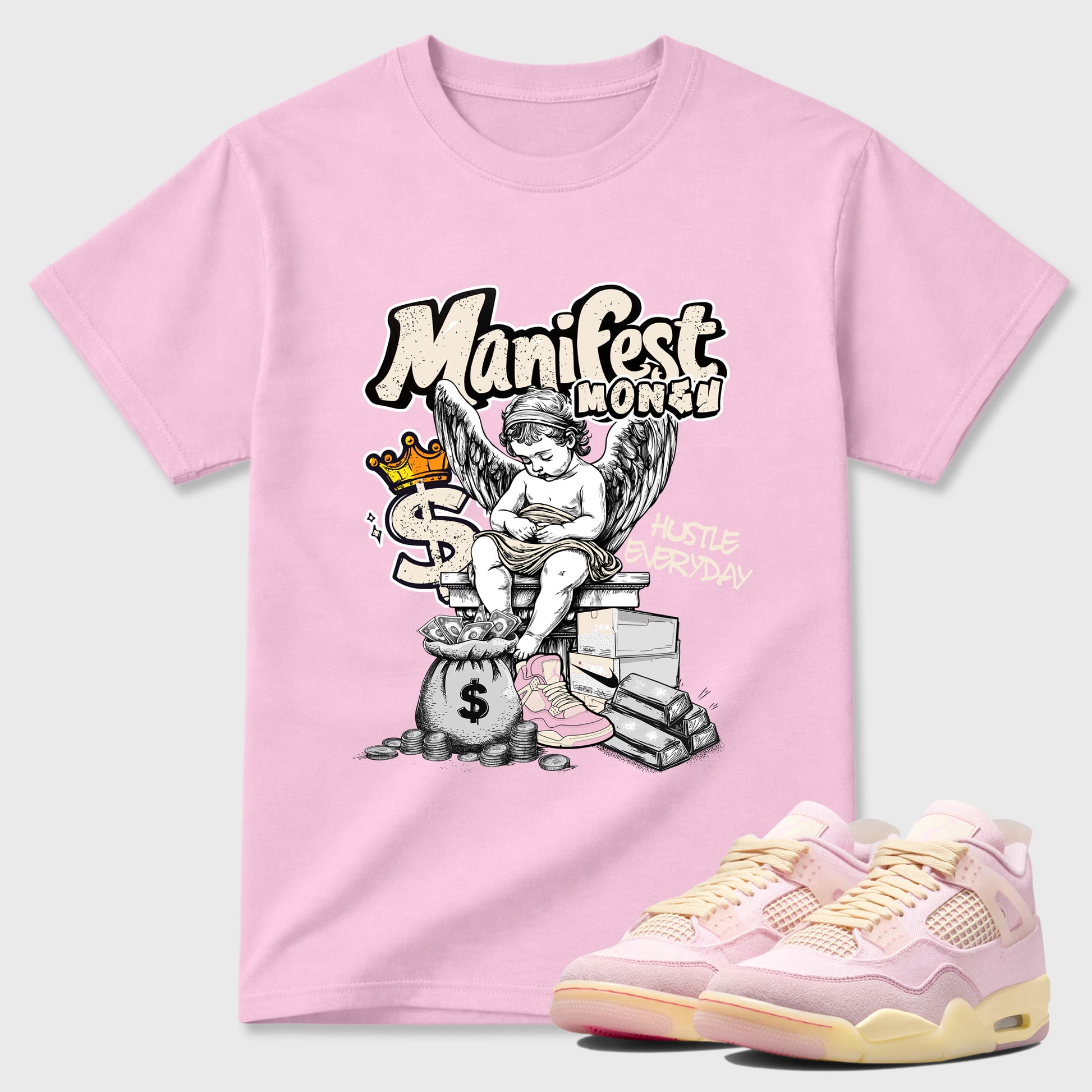 Sneaker match tees – Sneaker Tees To Match Air Jordan 4 Iced Carmine Shoes – Manifest Money Tee Pink 1