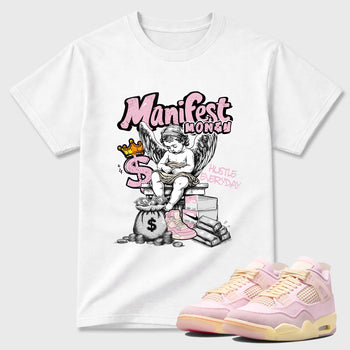 Sneaker match tees – Sneaker Tees To Match Air Jordan 4 Iced Carmine Shoes – Manifest Money Tee White 1