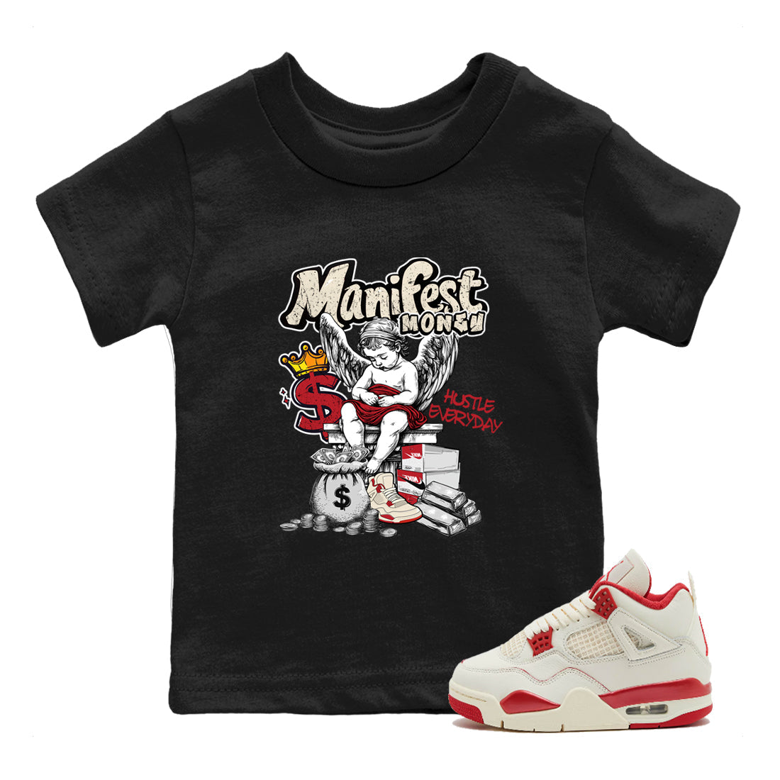Sneaker match tees – Sneaker Tees To Match Air Jordan 4 Valentines Day Shoes – Manifest Money Kids T-Shirt Black 1