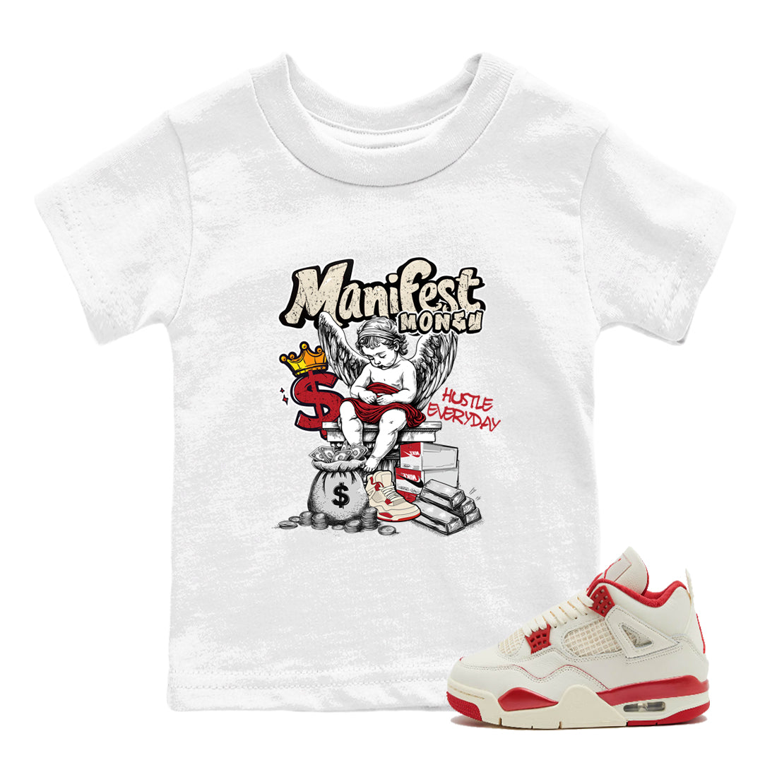 Sneaker match tees – Sneaker Tees To Match Air Jordan 4 Valentines Day Shoes – Manifest Money Kids T-Shirt White 1