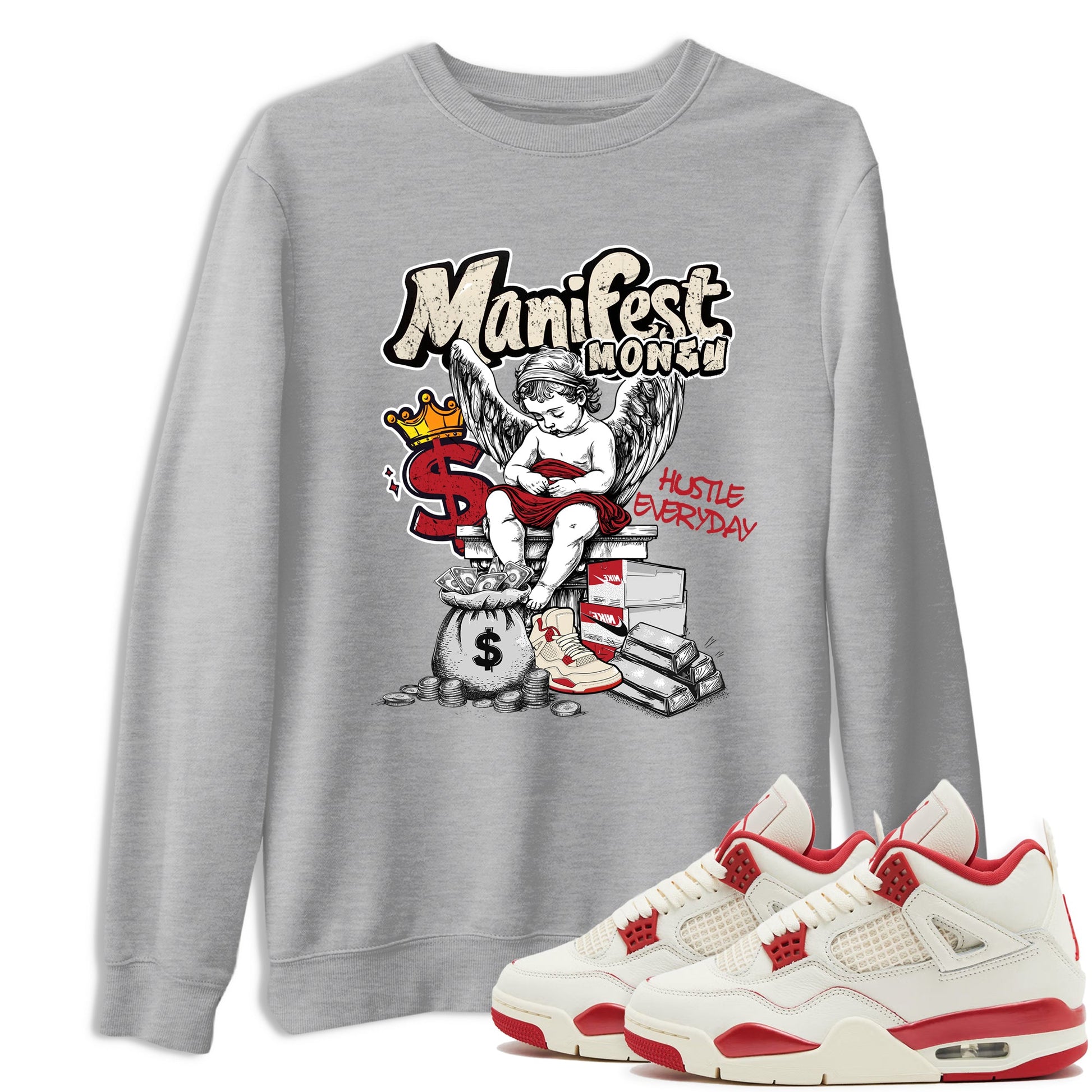 Sneaker match tees – Sneaker Tees To Match Air Jordan 4 Valentines Day Shoes – Manifest Money Tee Heather Grey 1