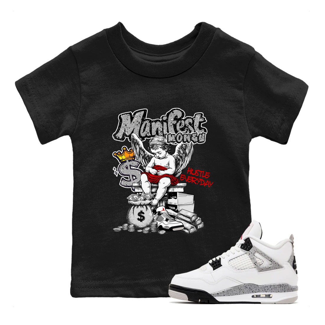 Manifest Money baby and kids t-shirt crafted for little sneakerheads to shine with the Air Jordan 4 White Cement sneakers, displayed in Black 1.