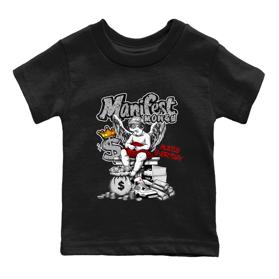 Manifest Money baby and kids t-shirt crafted for little sneakerheads to shine with the Air Jordan 4 White Cement sneakers, displayed in Black 2.