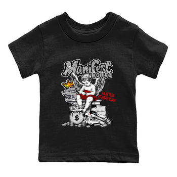 Manifest Money baby and kids t-shirt crafted for little sneakerheads to shine with the Air Jordan 4 White Cement sneakers, displayed in Black 2.