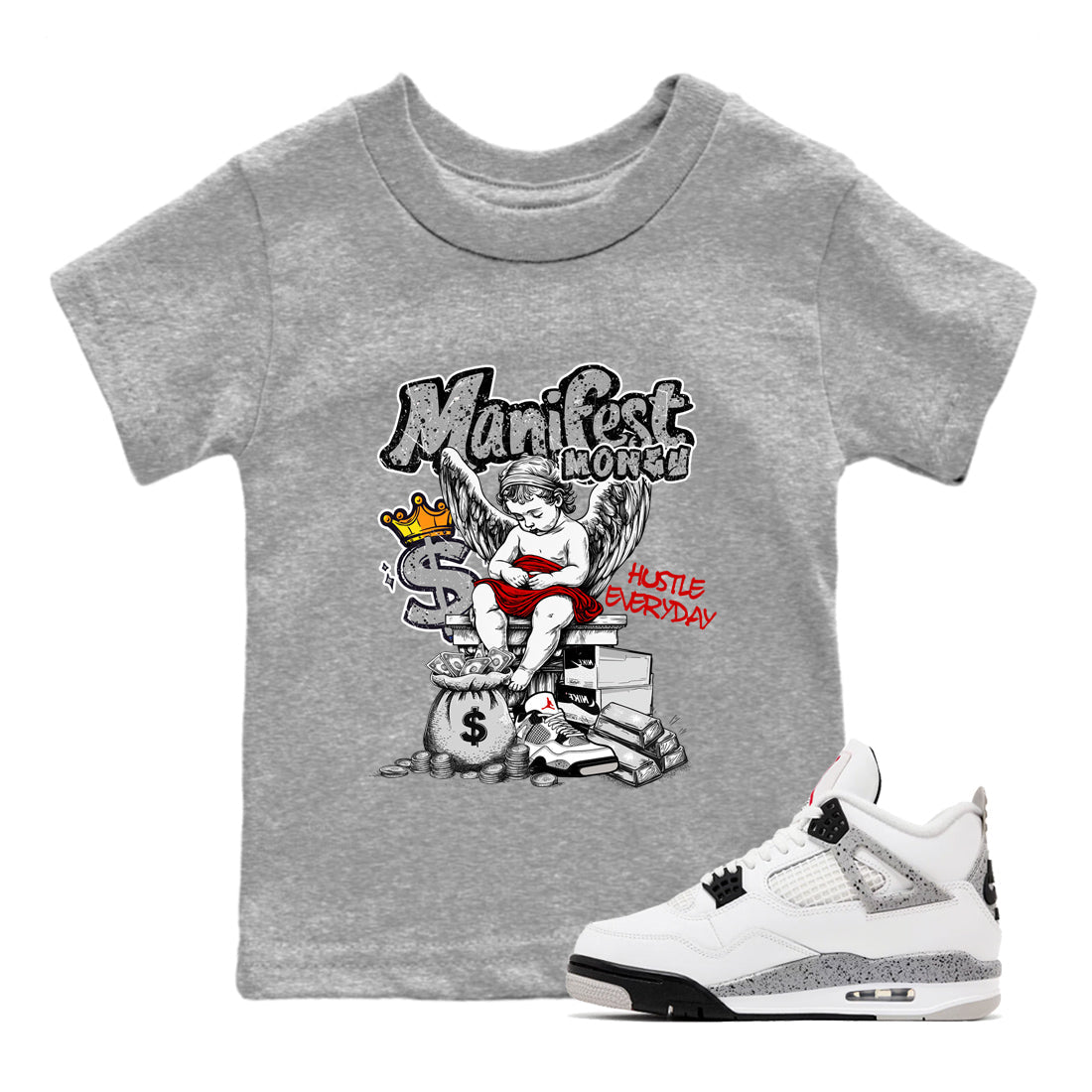 Manifest Money baby and kids t-shirt crafted for little sneakerheads to shine with the Air Jordan 4 White Cement sneakers, displayed in Heather Grey 1.
