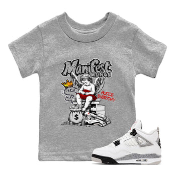Manifest Money baby and kids t-shirt crafted for little sneakerheads to shine with the Air Jordan 4 White Cement sneakers, displayed in Heather Grey 1.