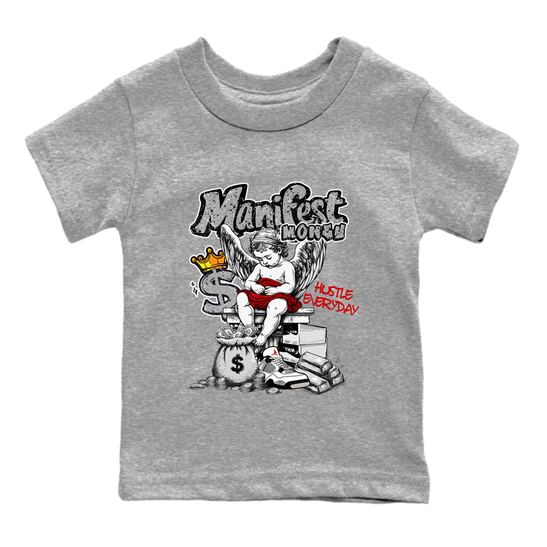 Manifest Money baby and kids t-shirt crafted for little sneakerheads to shine with the Air Jordan 4 White Cement sneakers, displayed in Heather Grey 2.