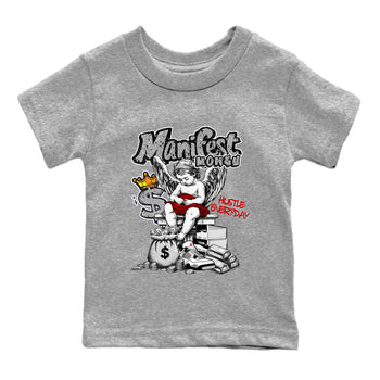 Manifest Money baby and kids t-shirt crafted for little sneakerheads to shine with the Air Jordan 4 White Cement sneakers, displayed in Heather Grey 2.