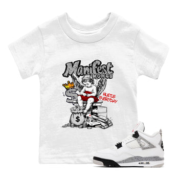 Manifest Money baby and kids t-shirt crafted for little sneakerheads to shine with the Air Jordan 4 White Cement sneakers, displayed in White 1.