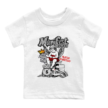 Manifest Money baby and kids t-shirt crafted for little sneakerheads to shine with the Air Jordan 4 White Cement sneakers, displayed in White 2.