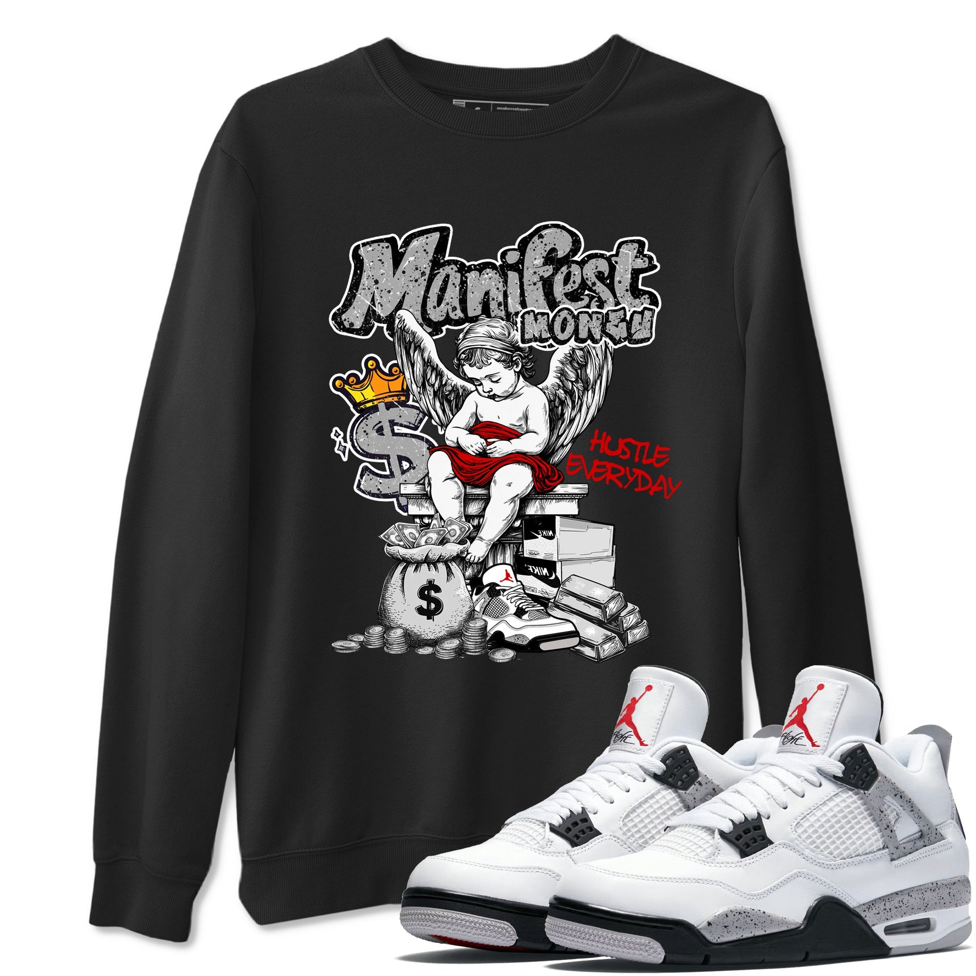 Manifest Money sneaker match t-shirt styled to complete your fit with the Air Jordan 4 White Cement sneakers, shown in Black 1.