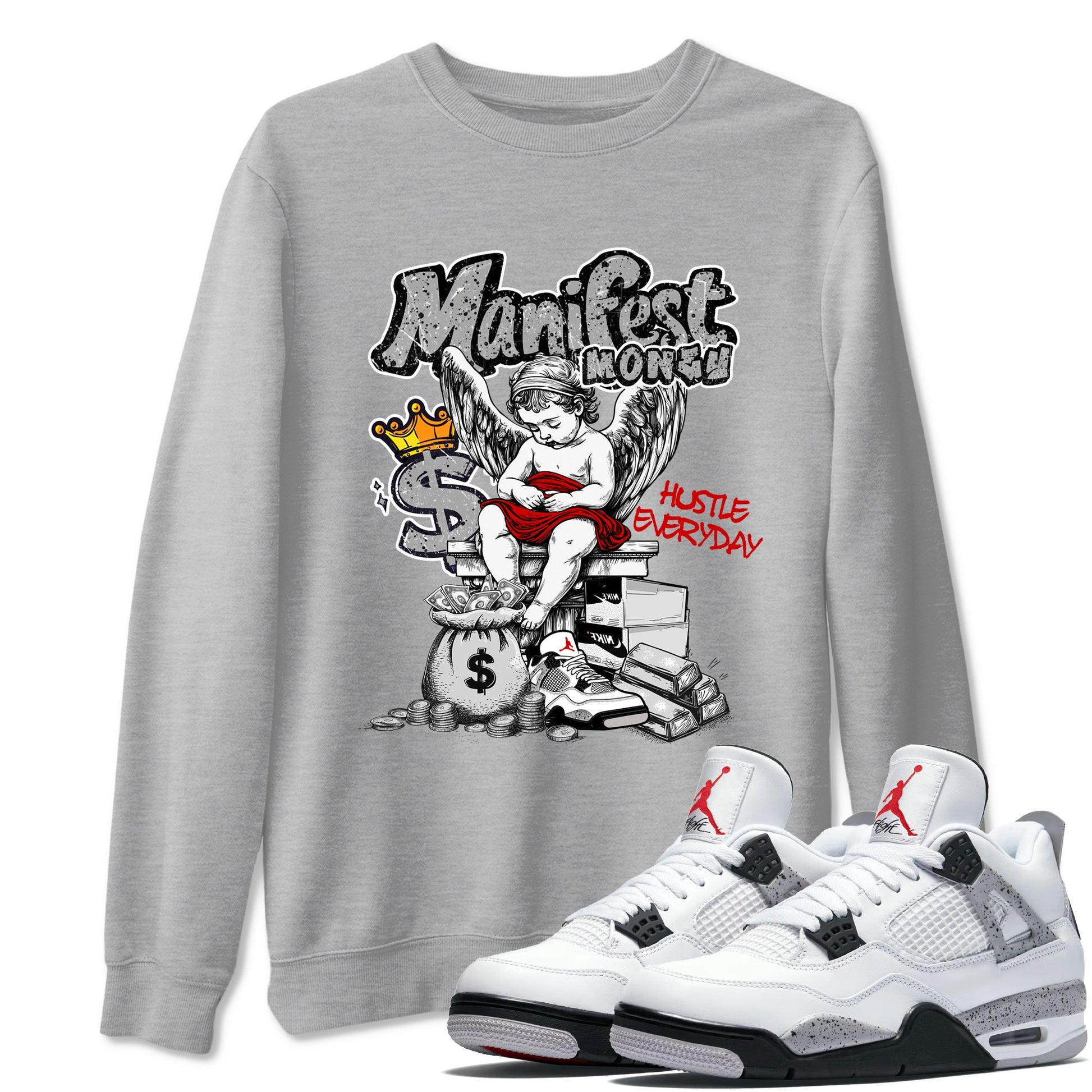 Manifest Money sneaker match t-shirt styled to complete your fit with the Air Jordan 4 White Cement sneakers, shown in Heather Grey 1.