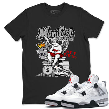 Manifest Money sneaker match t-shirt styled to complete your fit with the Air Jordan 4 White Cement sneakers, shown in Black 1.
