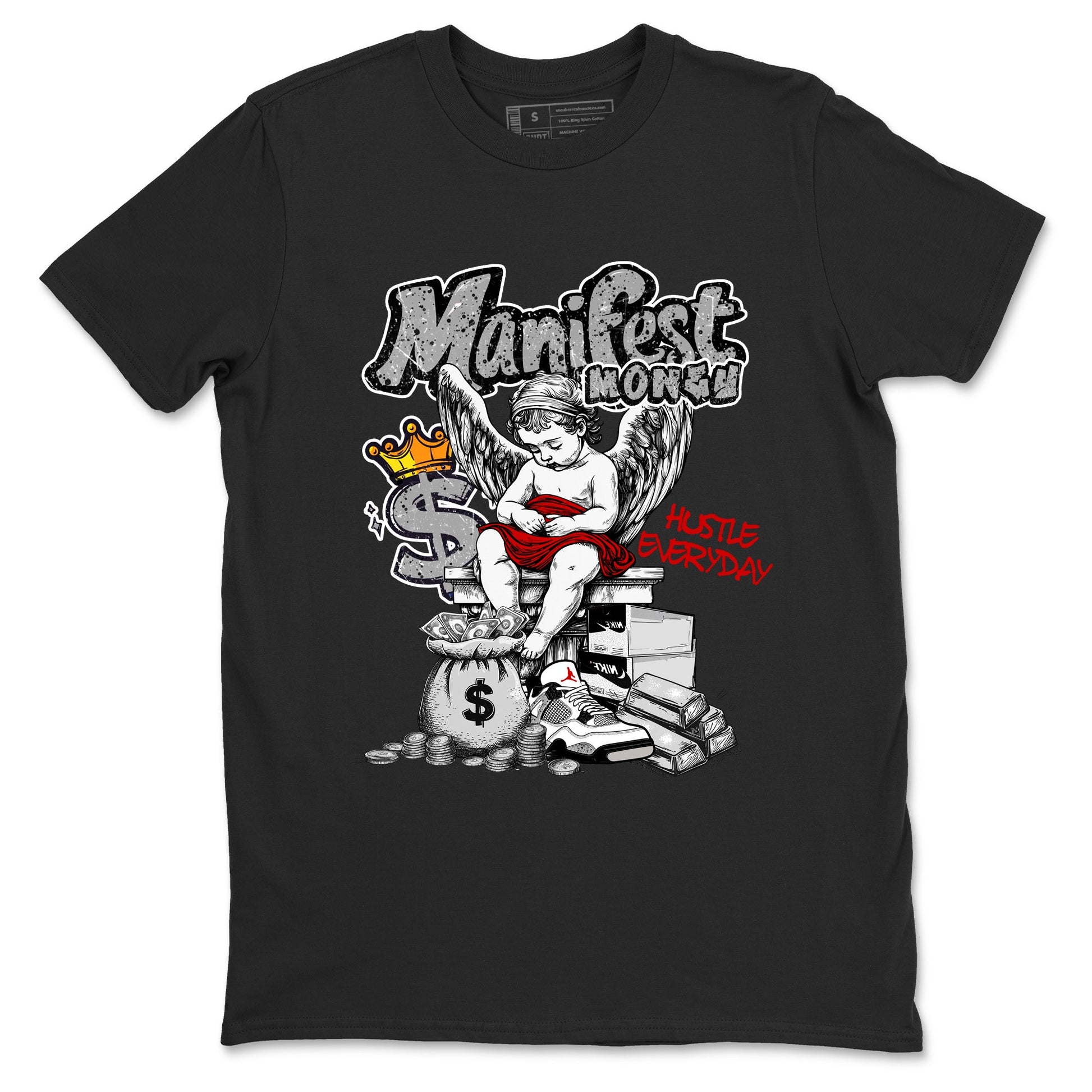 Manifest Money sneaker match t-shirt styled to complete your fit with the Air Jordan 4 White Cement sneakers, shown in Black 2.