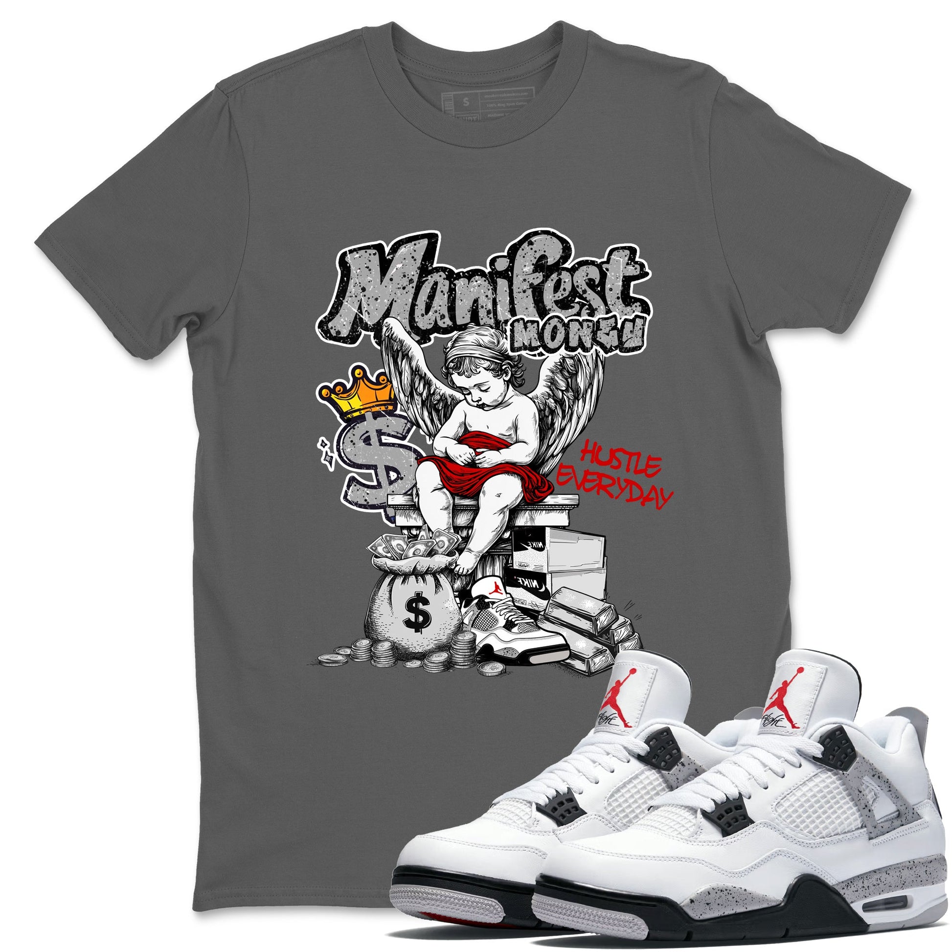Manifest Money sneaker match t-shirt styled to complete your fit with the Air Jordan 4 White Cement sneakers, shown in Cool Grey 1.