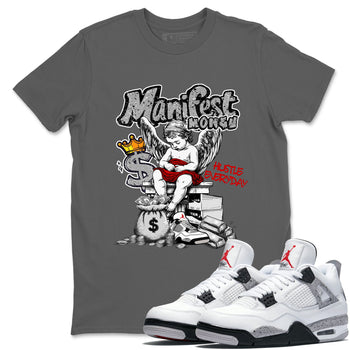 Manifest Money sneaker match t-shirt styled to complete your fit with the Air Jordan 4 White Cement sneakers, shown in Cool Grey 1.