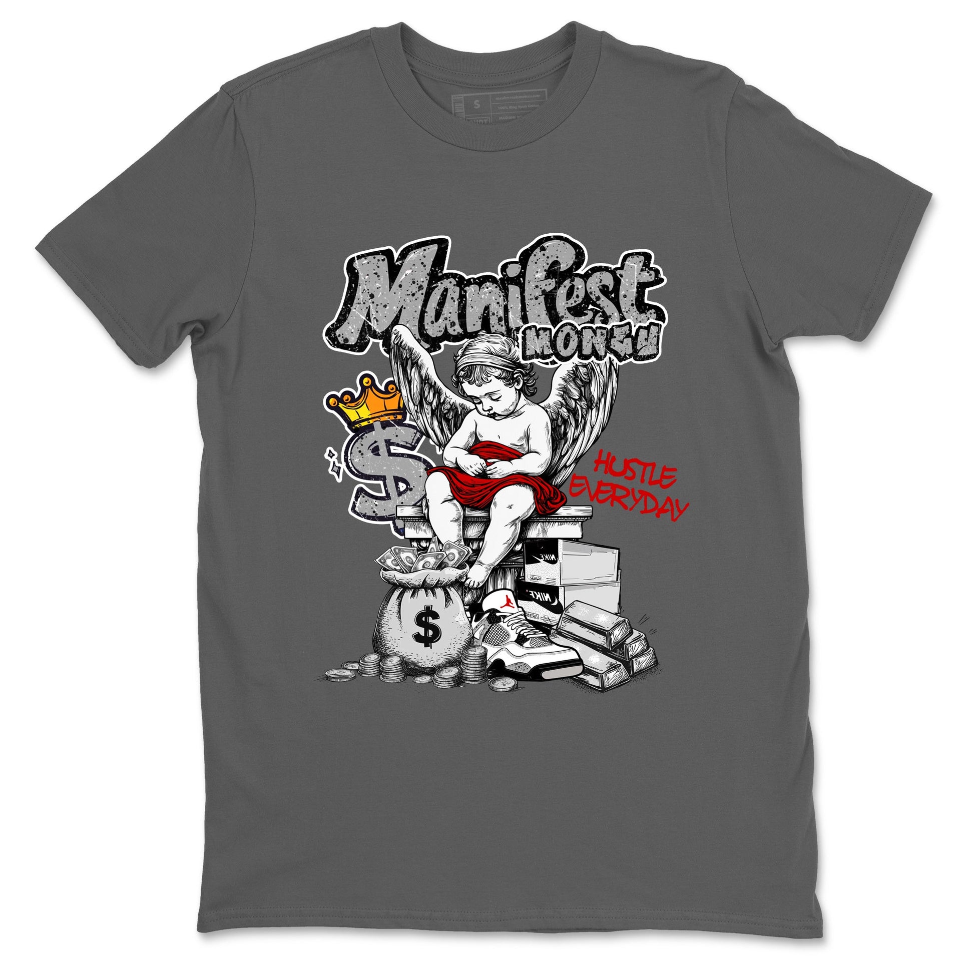 Manifest Money sneaker match t-shirt styled to complete your fit with the Air Jordan 4 White Cement sneakers, shown in Cool Grey 2.