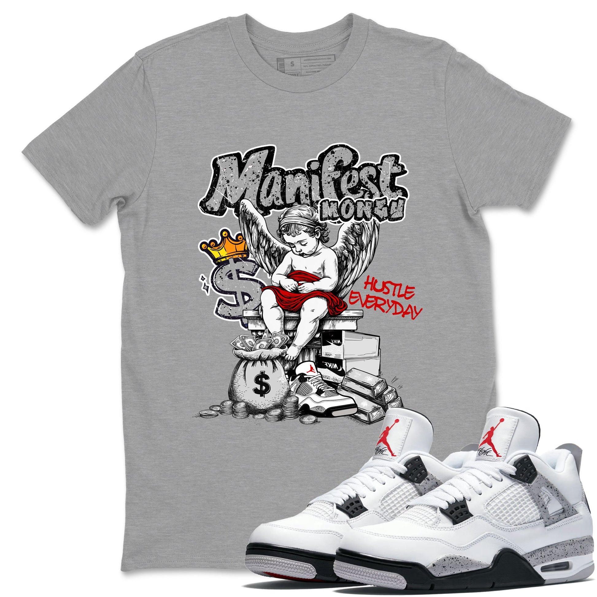 Manifest Money sneaker match t-shirt styled to complete your fit with the Air Jordan 4 White Cement sneakers, shown in Heather Grey 1.