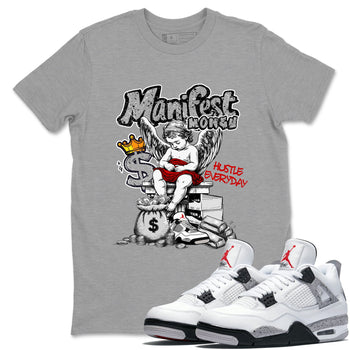 Manifest Money sneaker match t-shirt styled to complete your fit with the Air Jordan 4 White Cement sneakers, shown in Heather Grey 1.