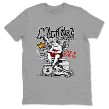 Manifest Money sneaker match t-shirt styled to complete your fit with the Air Jordan 4 White Cement sneakers, shown in Heather Grey 2.