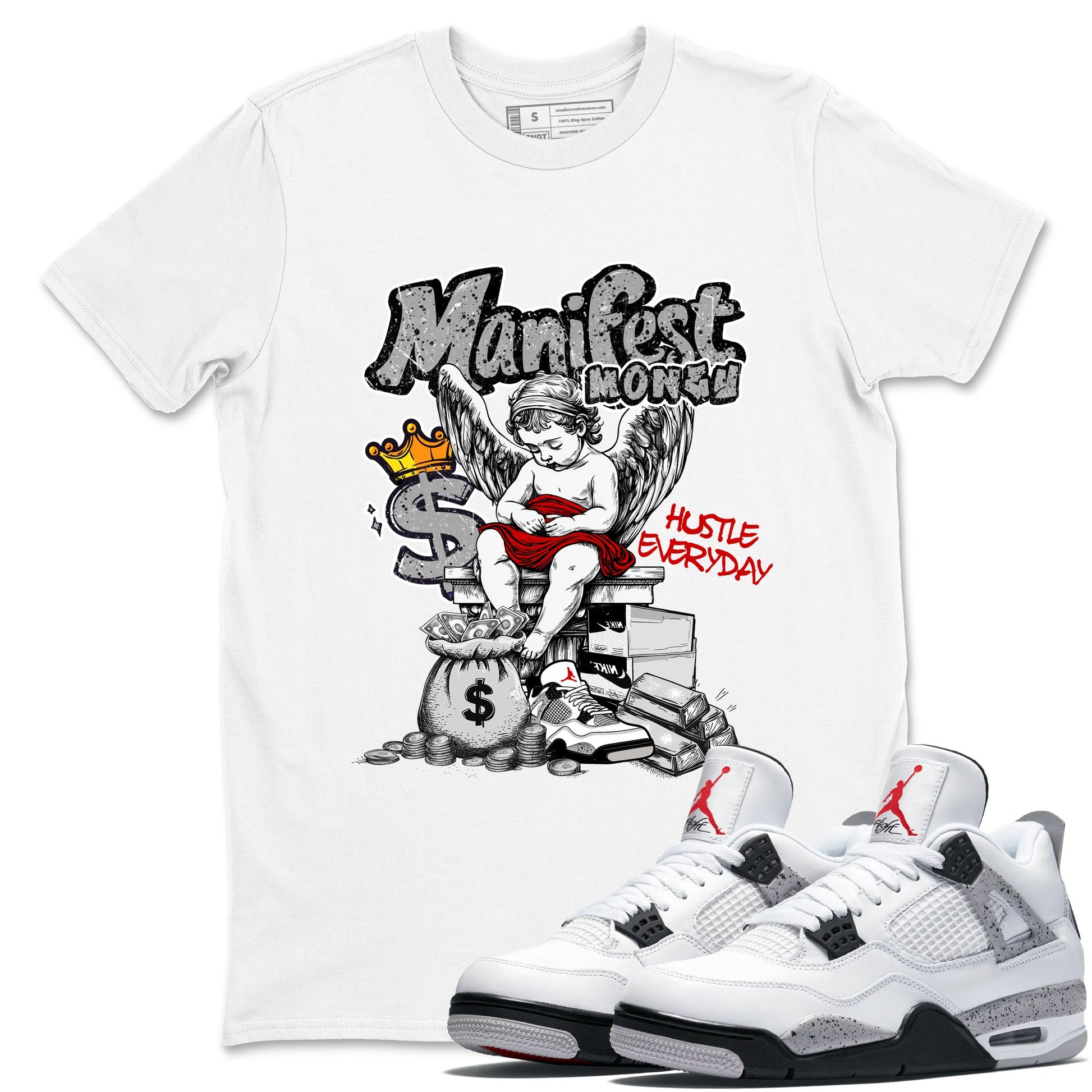 Manifest Money sneaker match t-shirt styled to complete your fit with the Air Jordan 4 White Cement sneakers, shown in White 1.