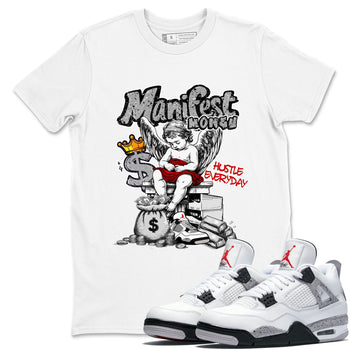 Manifest Money sneaker match t-shirt styled to complete your fit with the Air Jordan 4 White Cement sneakers, shown in White 1.