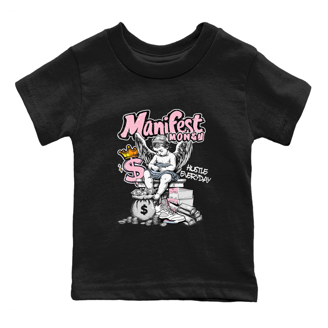 Sneaker match tees – Sneaker Tees To Match Air Jordan 5 Medium Soft Pink Shoes – Manifest Money Kids T-Shirt Black 2
