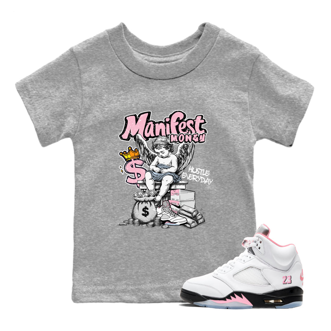Sneaker match tees – Sneaker Tees To Match Air Jordan 5 Medium Soft Pink Shoes – Manifest Money Kids T-Shirt Heather Grey 1