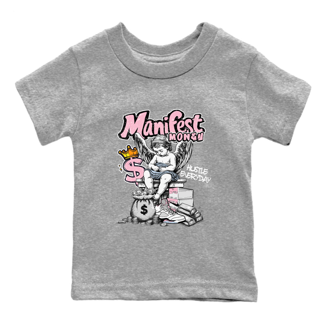 Sneaker match tees – Sneaker Tees To Match Air Jordan 5 Medium Soft Pink Shoes – Manifest Money Kids T-Shirt Heather Grey 2