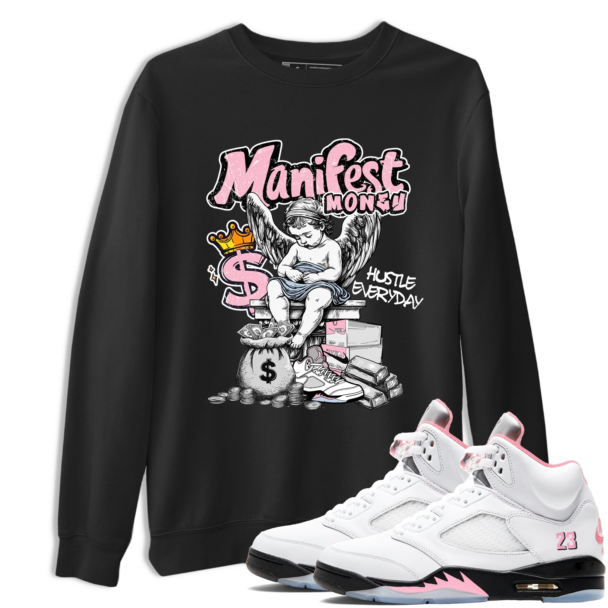 Sneaker match tees – Sneaker Tees To Match Air Jordan 5 Medium Soft Pink Shoes – Manifest Money Tee Black 1