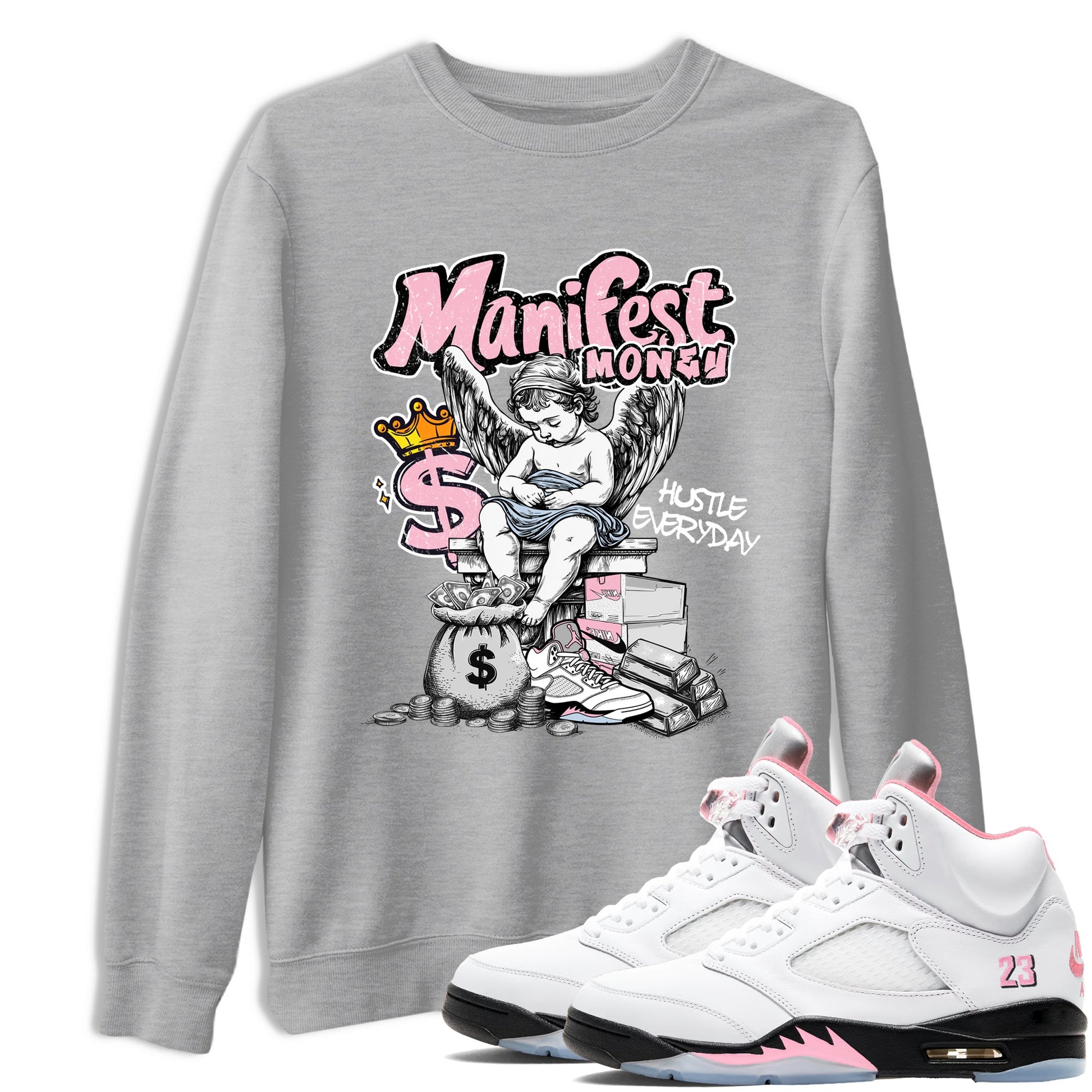 Sneaker match tees – Sneaker Tees To Match Air Jordan 5 Medium Soft Pink Shoes – Manifest Money Tee Heather Grey 1