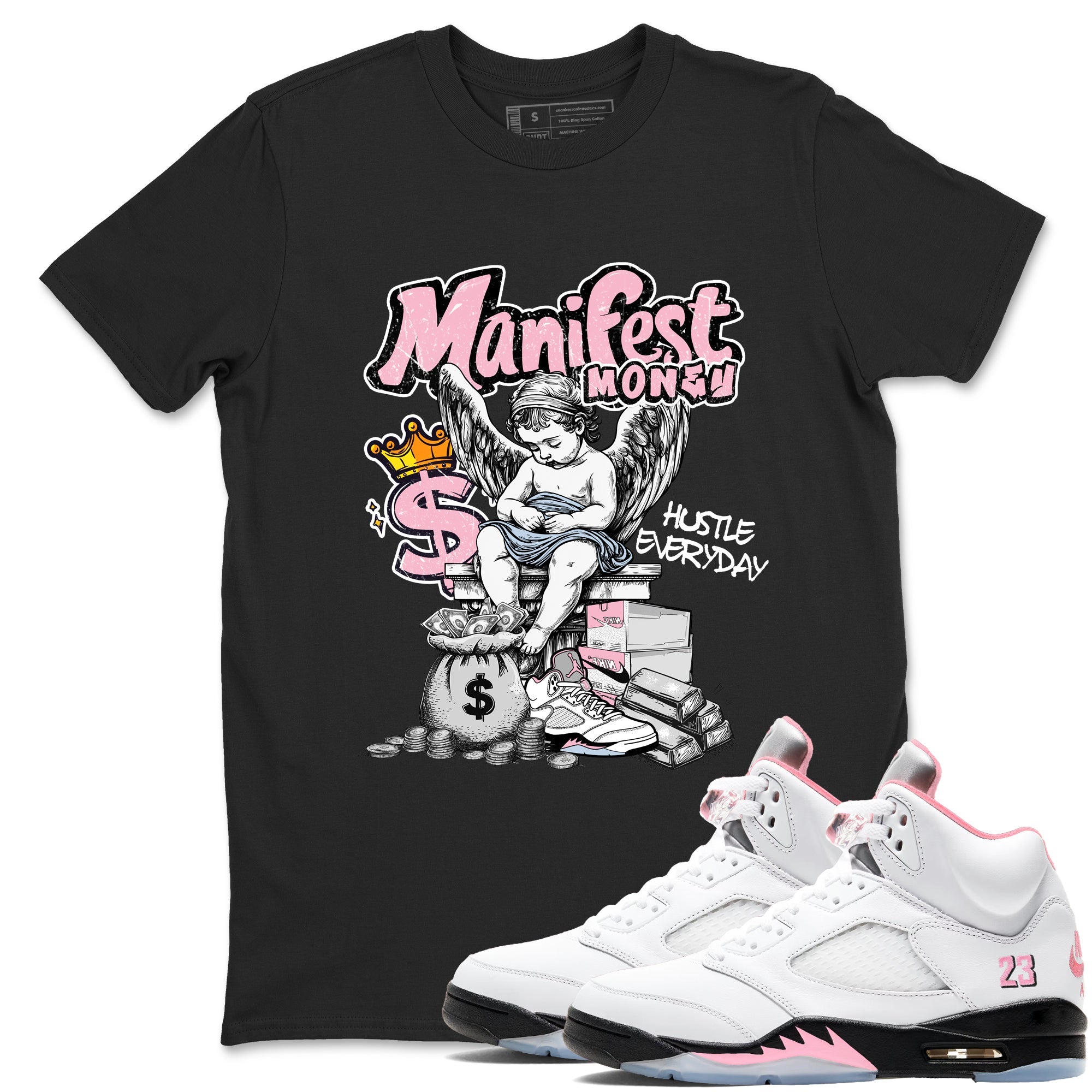 Sneaker match tees – Sneaker Tees To Match Air Jordan 5 Medium Soft Pink Shoes – Manifest Money Tee Black 1