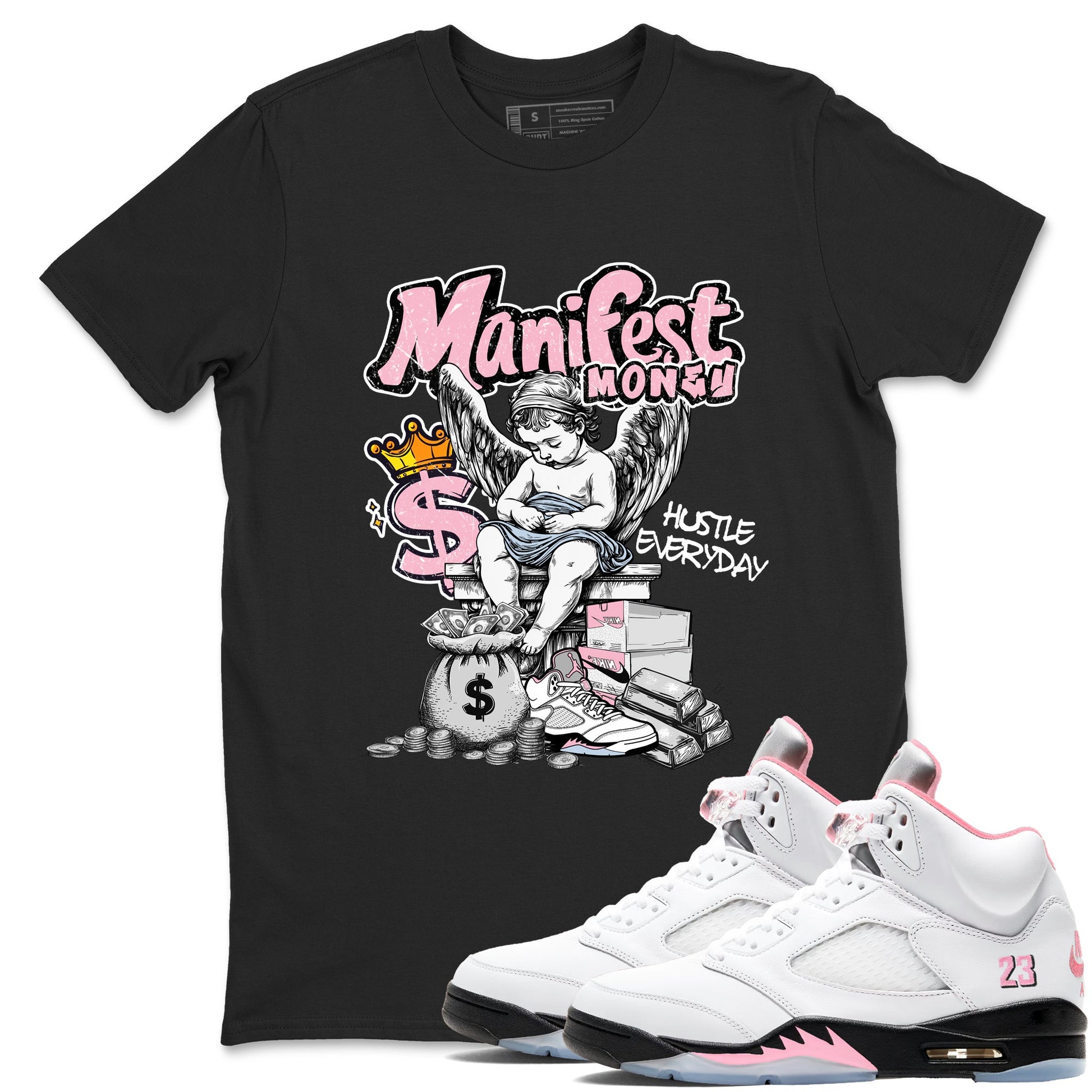 Sneaker match tees – Sneaker Tees To Match Air Jordan 5 Medium Soft Pink Shoes – Manifest Money Tee Black 1