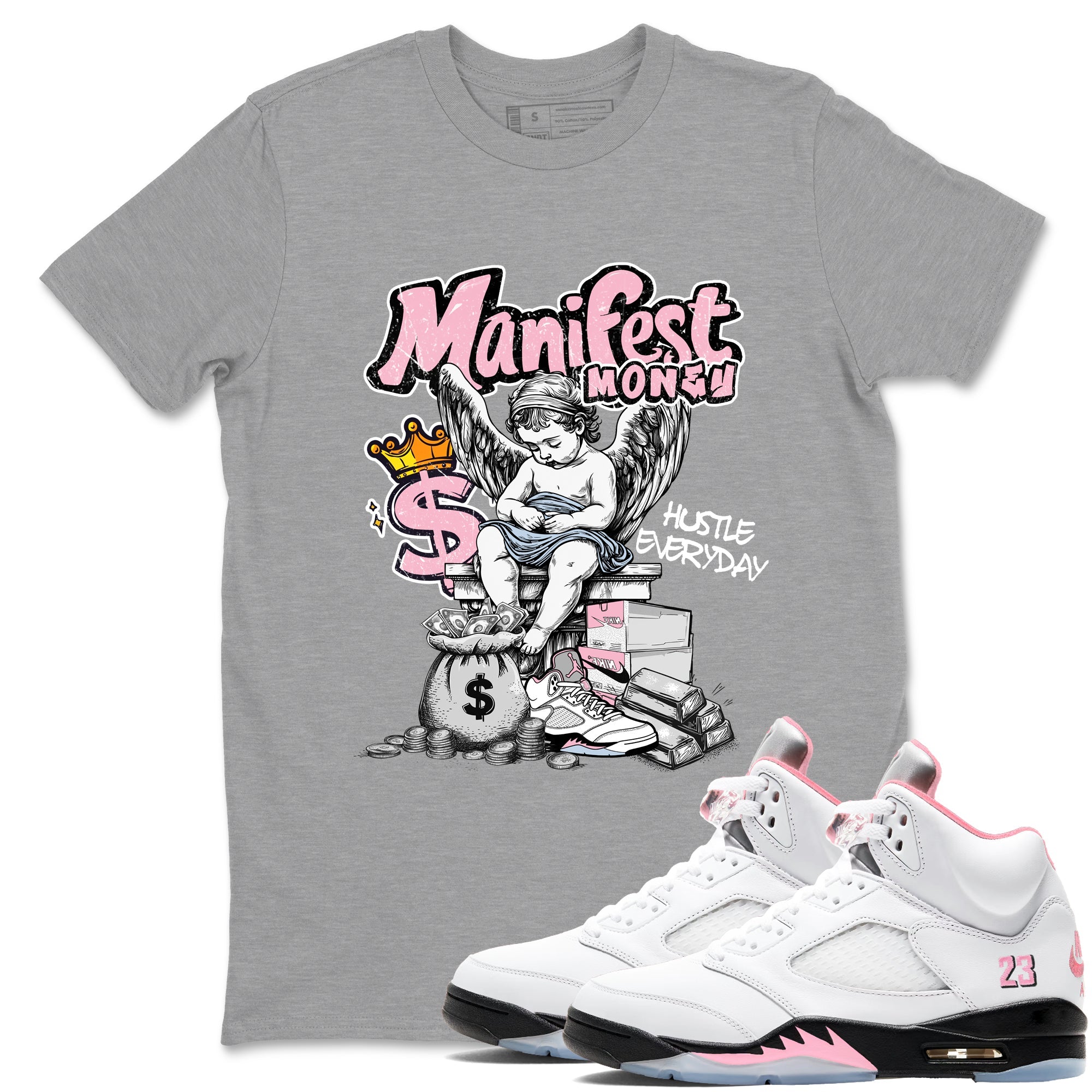 Sneaker match tees – Sneaker Tees To Match Air Jordan 5 Medium Soft Pink Shoes – Manifest Money Tee Heather Grey 1
