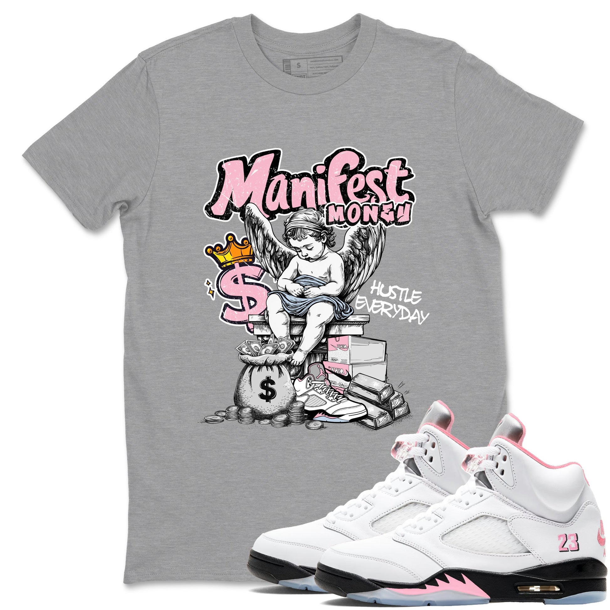 Sneaker match tees – Sneaker Tees To Match Air Jordan 5 Medium Soft Pink Shoes – Manifest Money Tee Heather Grey 1