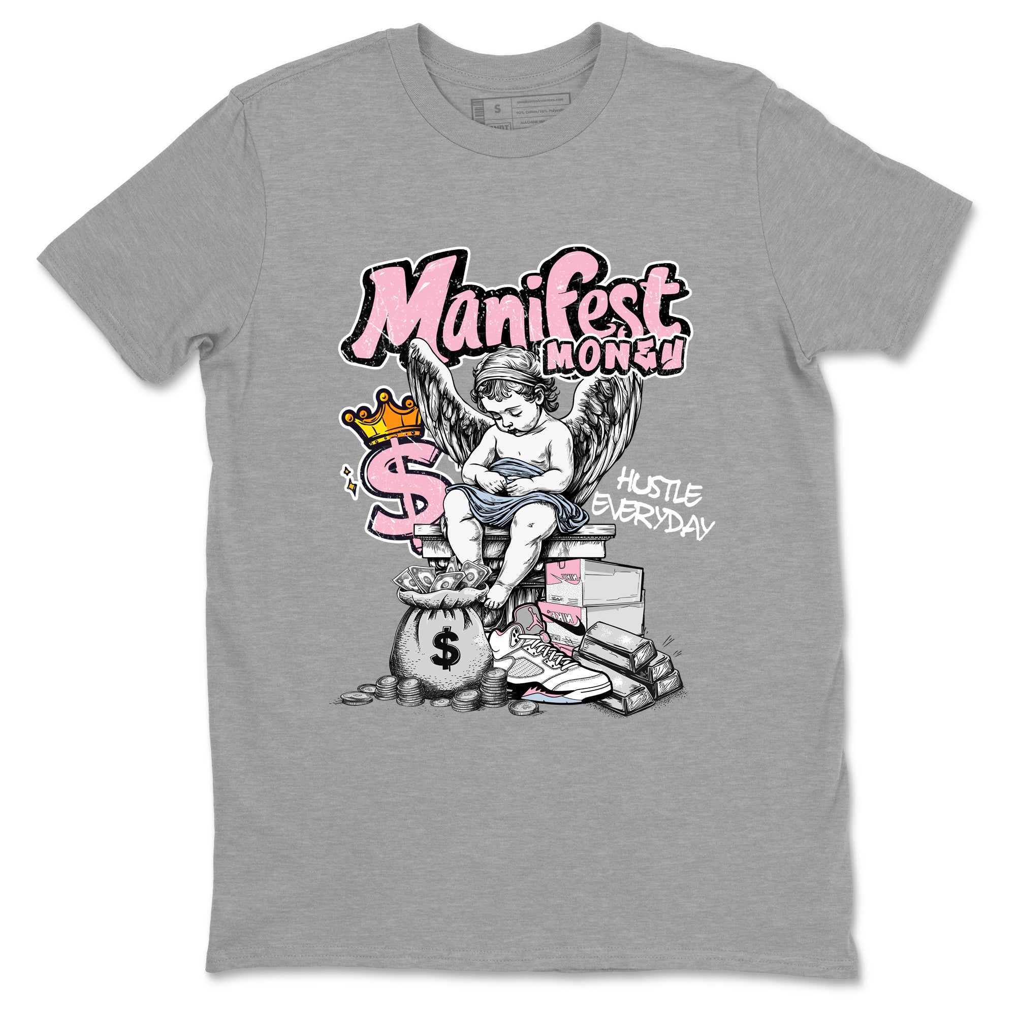 Sneaker match tees – Sneaker Tees To Match Air Jordan 5 Medium Soft Pink Shoes – Manifest Money Tee Heather Grey 2