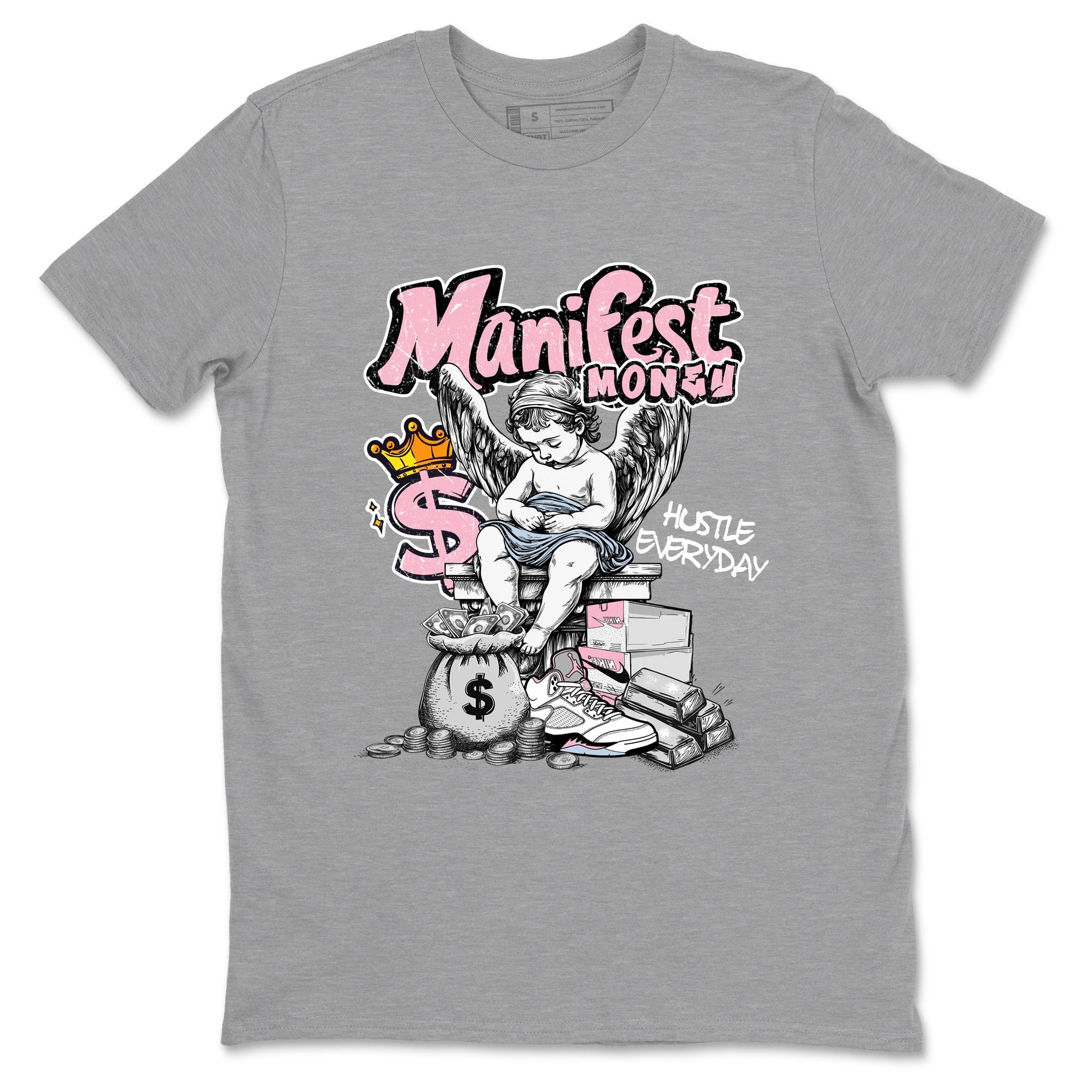 Sneaker match tees – Sneaker Tees To Match Air Jordan 5 Medium Soft Pink Shoes – Manifest Money Tee Heather Grey 2