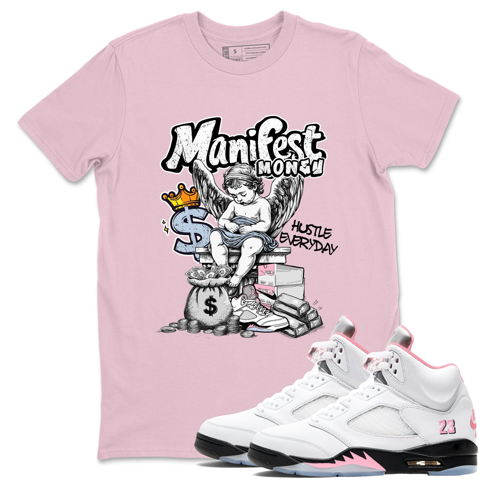 Sneaker match tees – Sneaker Tees To Match Air Jordan 5 Medium Soft Pink Shoes – Manifest Money Tee Pink 1