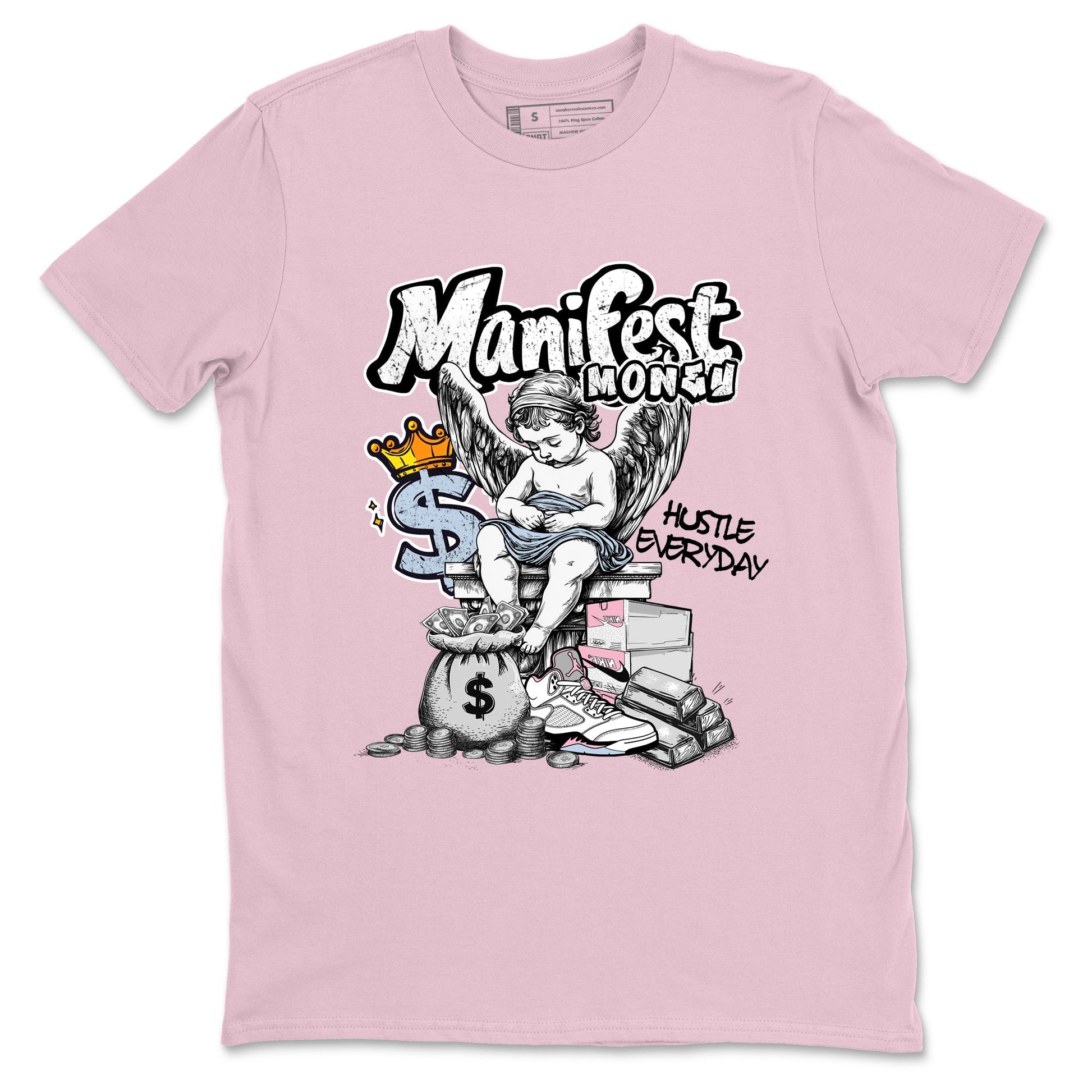 Sneaker match tees – Sneaker Tees To Match Air Jordan 5 Medium Soft Pink Shoes – Manifest Money Tee Pink 2