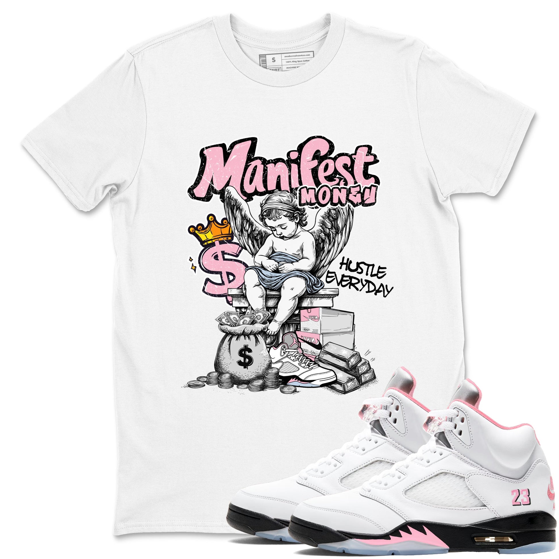 Sneaker match tees – Sneaker Tees To Match Air Jordan 5 Medium Soft Pink Shoes – Manifest Money Tee White 1